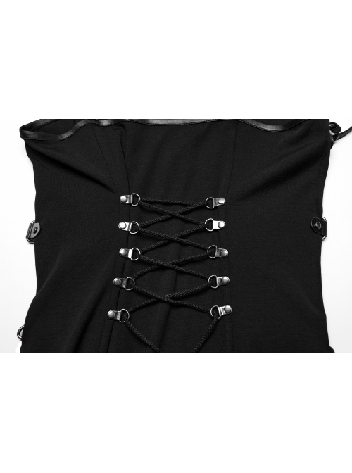 Sexy Slit Black Stretch Knitted Waist Hollow Punk Style Suspender Dress