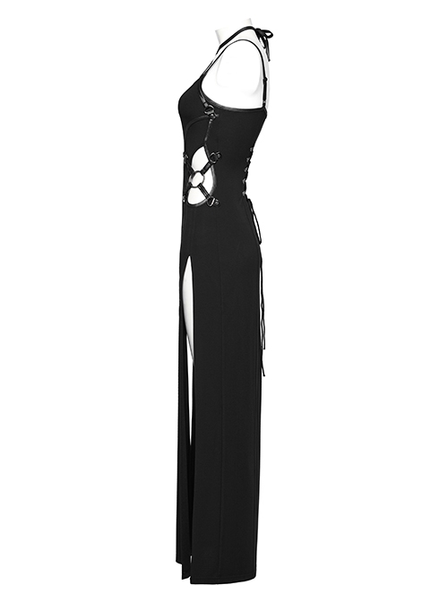 Sexy Slit Black Stretch Knitted Waist Hollow Punk Style Suspender Dress