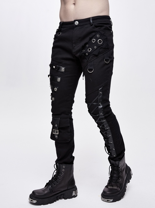 Asymmetric Torn Rivet Leather Hasp Lace-Up Pockets Black Twill Punk Pants