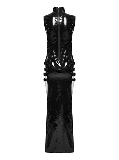 Sexy Slit Black Stretch Pu Leather With Wild Zipper Decoration In The Back Punk Style Sleeveless Dress