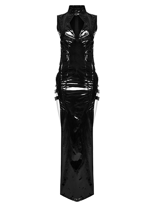 Sexy Slit Black Stretch Pu Leather With Wild Zipper Decoration In The Back Punk Style Sleeveless Dress