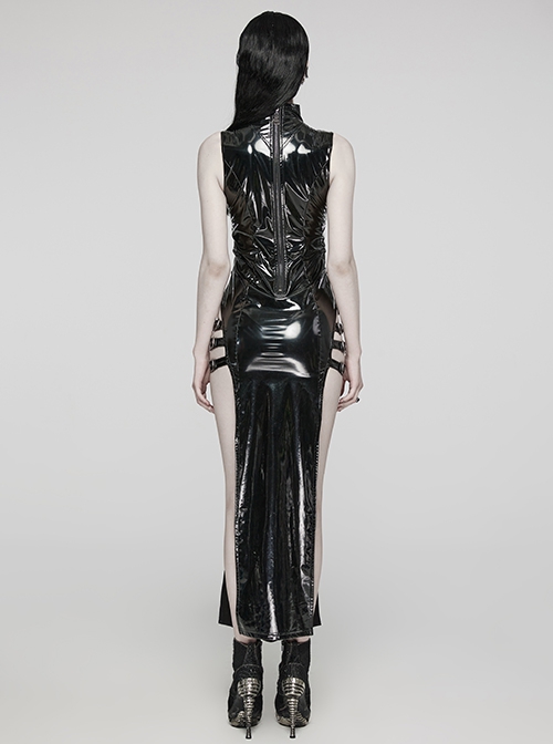 Sexy Slit Black Stretch Pu Leather With Wild Zipper Decoration In The Back Punk Style Sleeveless Dress