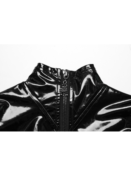 Sexy Slit Black Stretch Pu Leather With Wild Zipper Decoration In The Back Punk Style Sleeveless Dress
