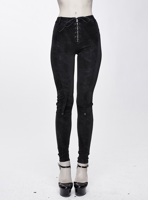 Black Dark Pattern Splicing Leather Armor Lace-Up Pockets Punk Stretchy Pants