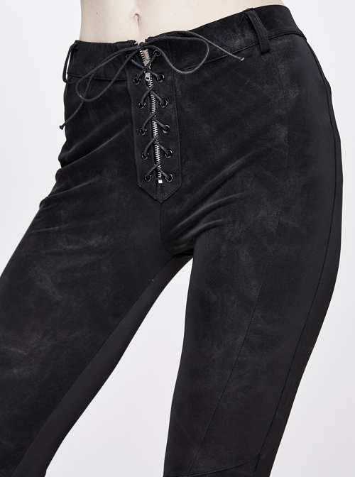 Black Dark Pattern Splicing Leather Armor Lace-Up Pockets Punk Stretchy Pants