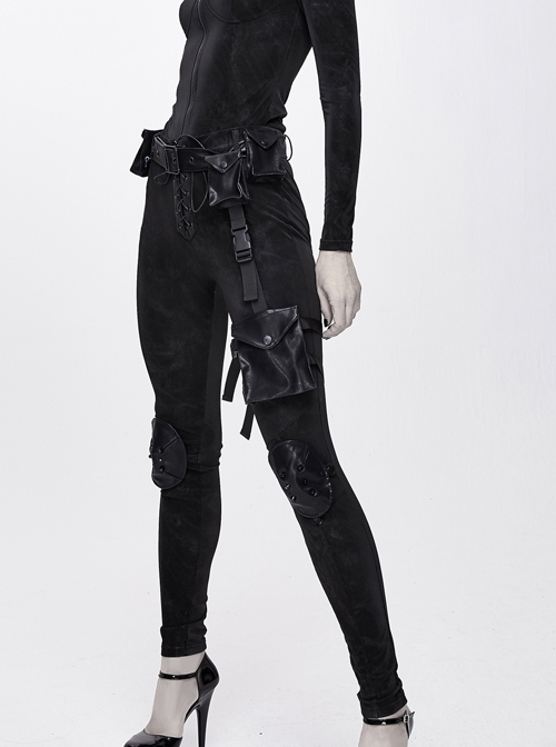 Black Dark Pattern Splicing Leather Armor Lace-Up Pockets Punk Stretchy Pants