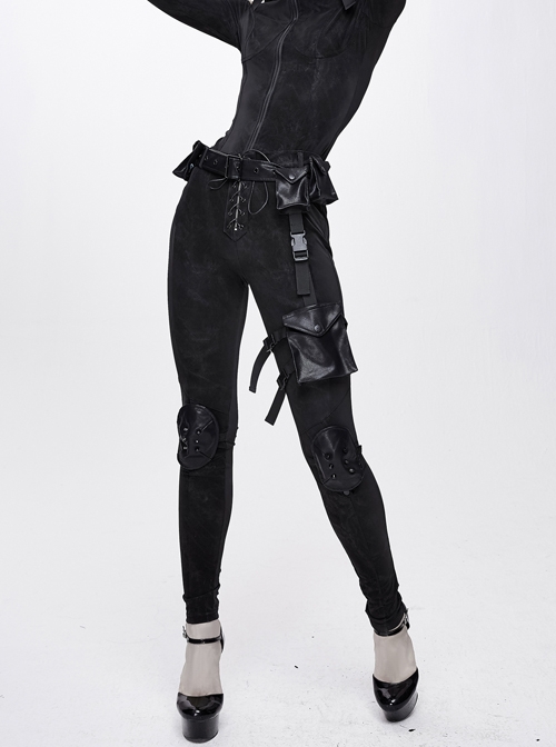 Black Dark Pattern Splicing Leather Armor Lace-Up Pockets Punk Stretchy Pants