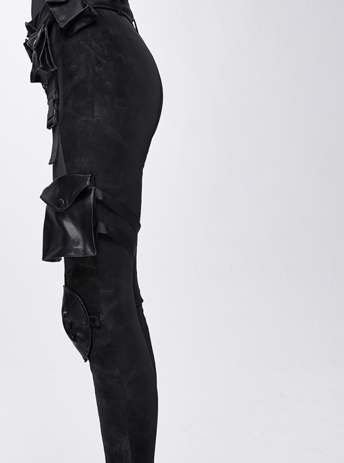 Black Dark Pattern Splicing Leather Armor Lace-Up Pockets Punk Stretchy Pants