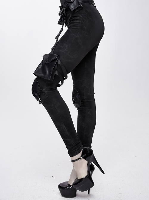 Black Dark Pattern Splicing Leather Armor Lace-Up Pockets Punk Stretchy Pants