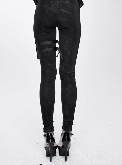 Black Dark Pattern Splicing Leather Armor Lace-Up Pockets Punk Stretchy Pants