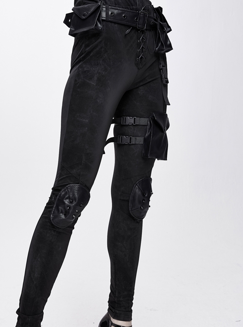 Black Dark Pattern Splicing Leather Armor Lace-Up Pockets Punk Stretchy Pants