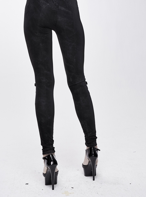 Black Dark Pattern Splicing Leather Armor Lace-Up Pockets Punk Stretchy Pants