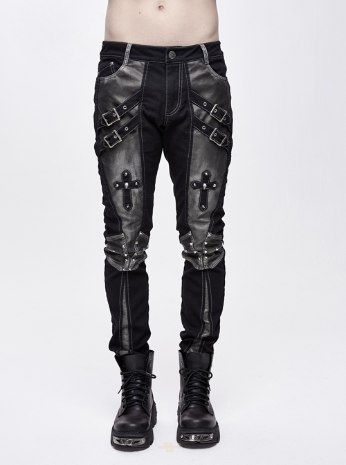 Twill Gray Contrast Color Hand Rubbing Leather Hasp Rivet Cross Black Punk Pants
