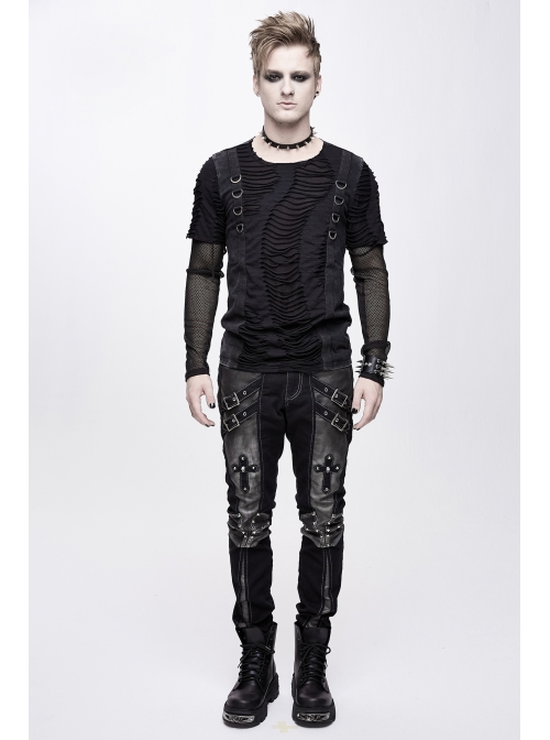 Twill Gray Contrast Color Hand Rubbing Leather Hasp Rivet Cross Black Punk Pants