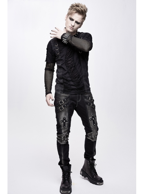 Twill Gray Contrast Color Hand Rubbing Leather Hasp Rivet Cross Black Punk Pants