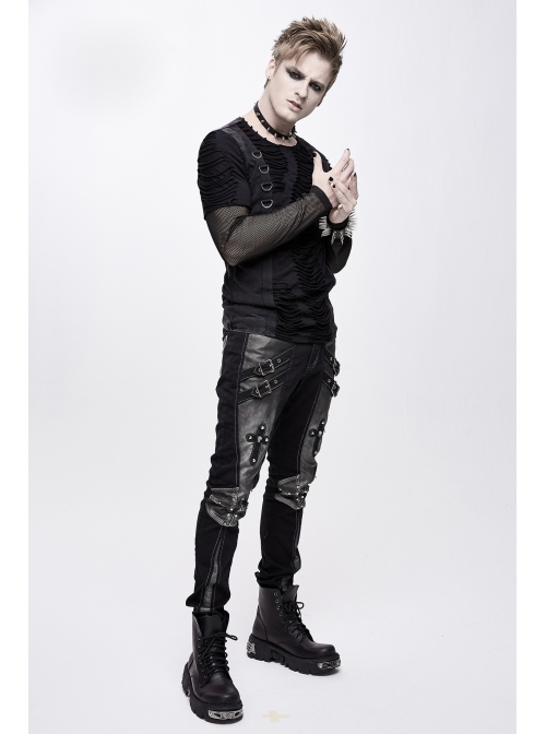 Twill Gray Contrast Color Hand Rubbing Leather Hasp Rivet Cross Black Punk Pants