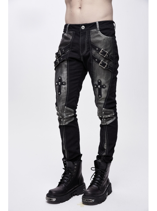 Twill Gray Contrast Color Hand Rubbing Leather Hasp Rivet Cross Black Punk Pants