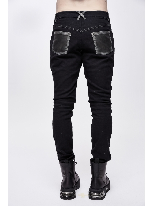 Twill Gray Contrast Color Hand Rubbing Leather Hasp Rivet Cross Black Punk Pants