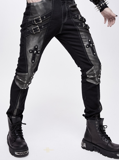 Twill Gray Contrast Color Hand Rubbing Leather Hasp Rivet Cross Black Punk Pants