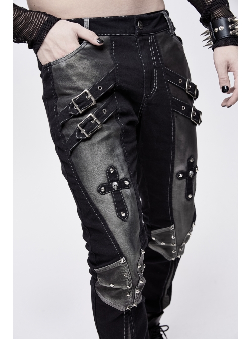 Twill Gray Contrast Color Hand Rubbing Leather Hasp Rivet Cross Black Punk Pants