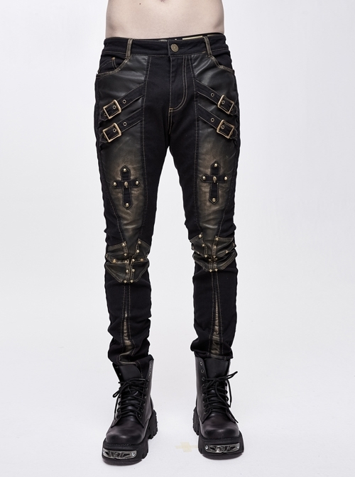 Twill Brown Contrast Color Hand Rubbing Leather Hasp Rivet Cross Black Punk Pants