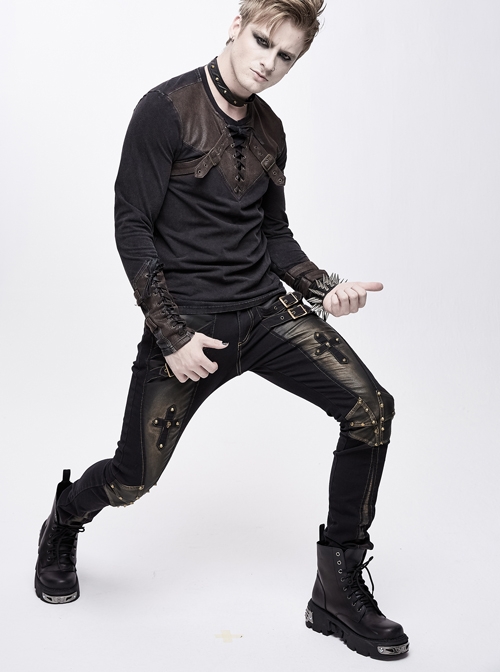 Twill Brown Contrast Color Hand Rubbing Leather Hasp Rivet Cross Black Punk Pants