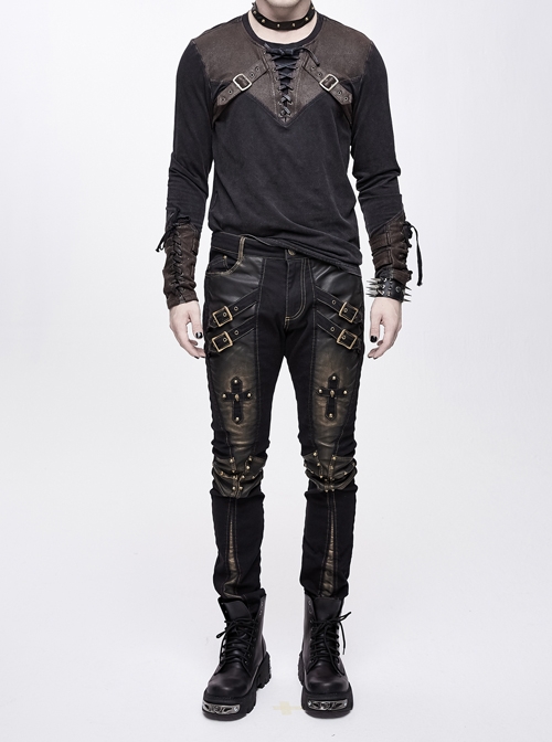 Twill Brown Contrast Color Hand Rubbing Leather Hasp Rivet Cross Black Punk Pants