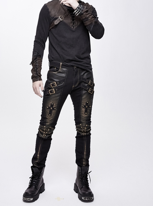 Twill Brown Contrast Color Hand Rubbing Leather Hasp Rivet Cross Black Punk Pants