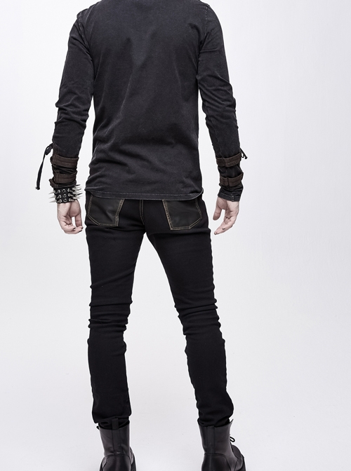Twill Brown Contrast Color Hand Rubbing Leather Hasp Rivet Cross Black Punk Pants