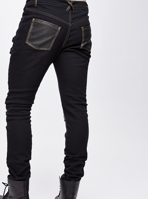 Twill Brown Contrast Color Hand Rubbing Leather Hasp Rivet Cross Black Punk Pants