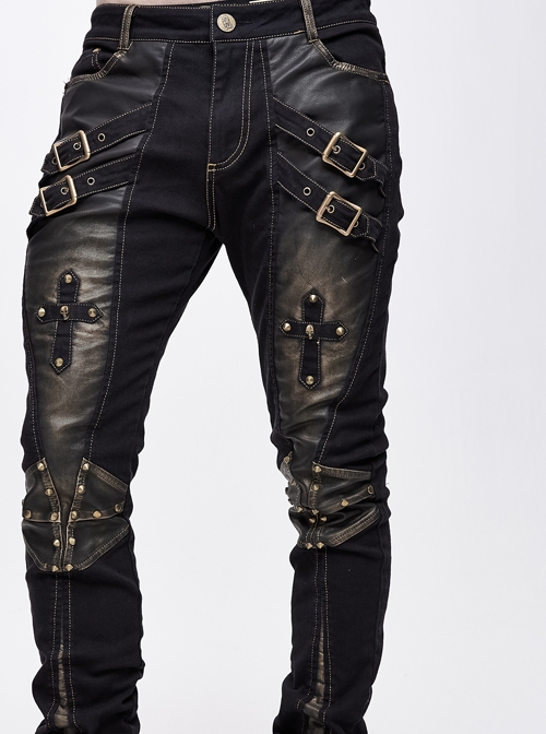 Twill Brown Contrast Color Hand Rubbing Leather Hasp Rivet Cross Black Punk Pants
