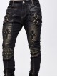 Twill Brown Contrast Color Hand Rubbing Leather Hasp Rivet Cross Black Punk Pants