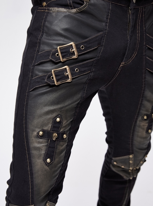 Twill Brown Contrast Color Hand Rubbing Leather Hasp Rivet Cross Black Punk Pants