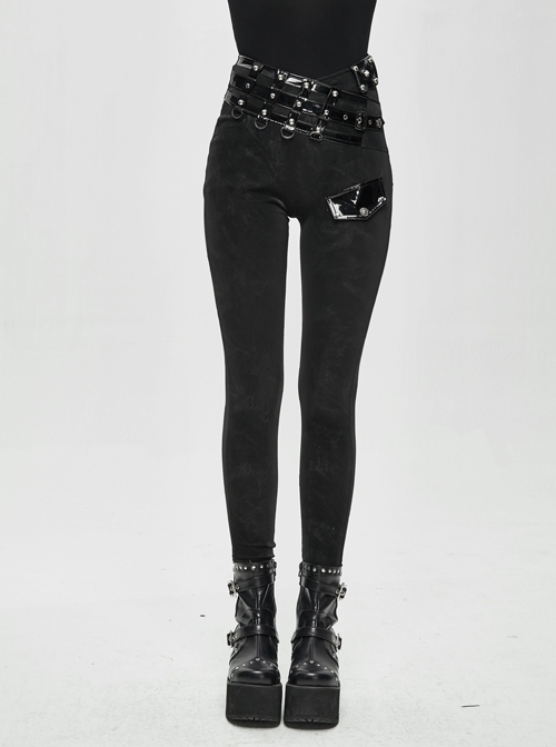 Patent-Leather Hexagram Rivet Asymmetric Knitted Stretch Black Punk Pants