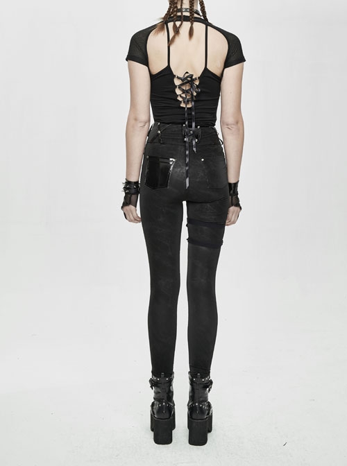 Patent-Leather Hexagram Rivet Asymmetric Knitted Stretch Black Punk Pants