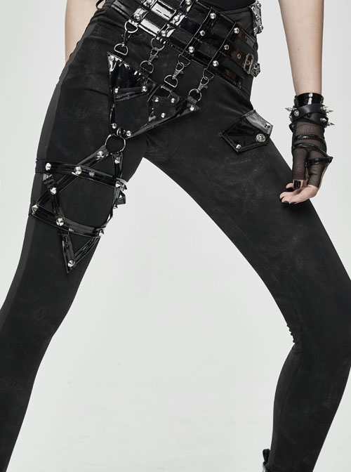Patent-Leather Hexagram Rivet Asymmetric Knitted Stretch Black Punk Pants