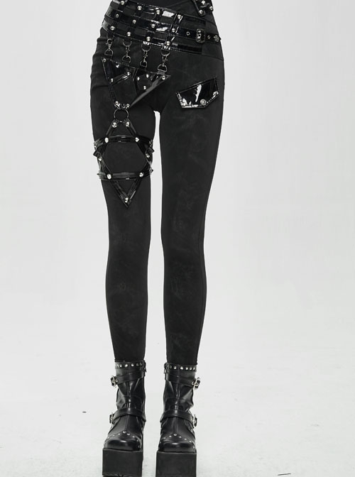 Patent-Leather Hexagram Rivet Asymmetric Knitted Stretch Black Punk Pants