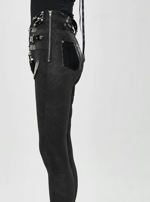 Patent-Leather Hexagram Rivet Asymmetric Knitted Stretch Black Punk Pants
