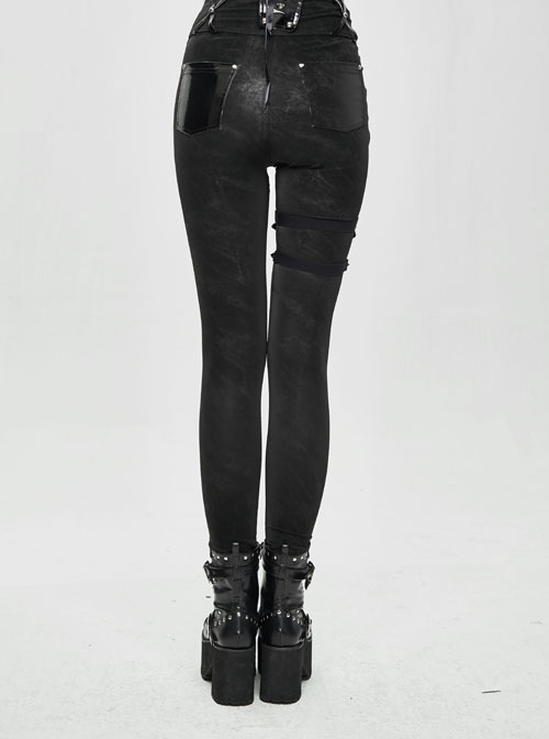 Patent-Leather Hexagram Rivet Asymmetric Knitted Stretch Black Punk Pants