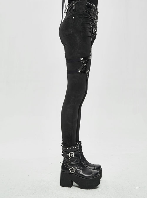 Patent-Leather Hexagram Rivet Asymmetric Knitted Stretch Black Punk Pants