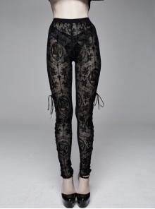 Black Flocking Printing Mesh Side Lace-Up Gothic Leggings Pants
