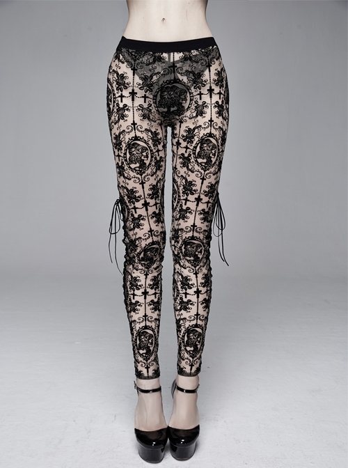 Brown Flocking Printing Mesh Side Lace-Up Leggings Pants