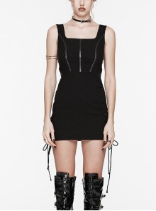 Black Stretch Knitted See Through Mesh Side Drawstring Punk Style Sexy Sleeveless Hip Hugging Dress