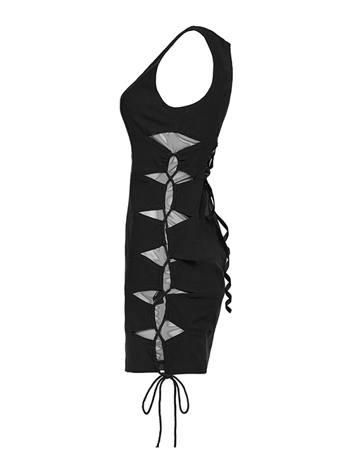 Black Stretch Knitted See Through Mesh Side Drawstring Punk Style Sexy Sleeveless Hip Hugging Dress