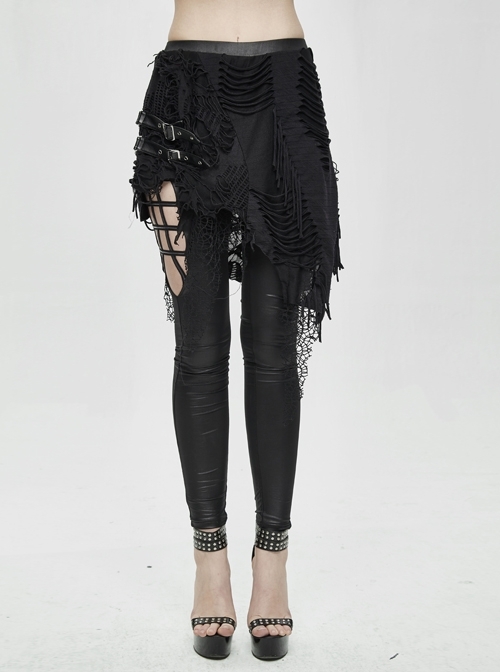 Fake Two Pieces Ripped Lace Skirts Leather Hasp Black Punk Leggings Pants
