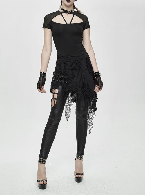 Fake Two Pieces Ripped Lace Skirts Leather Hasp Black Punk Leggings Pants