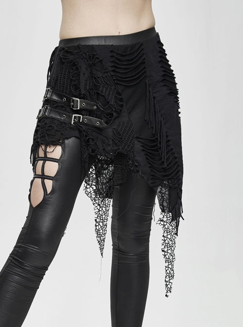 Fake Two Pieces Ripped Lace Skirts Leather Hasp Black Punk Leggings Pants