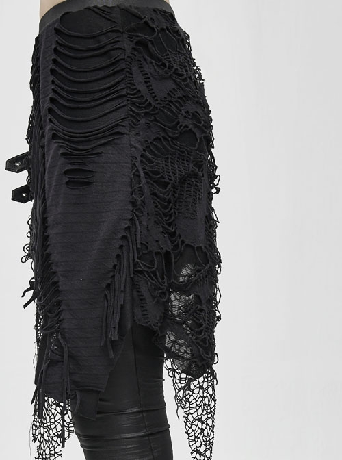 Fake Two Pieces Ripped Lace Skirts Leather Hasp Black Punk Leggings Pants