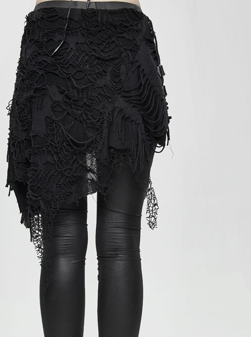 Fake Two Pieces Ripped Lace Skirts Leather Hasp Black Punk Leggings Pants