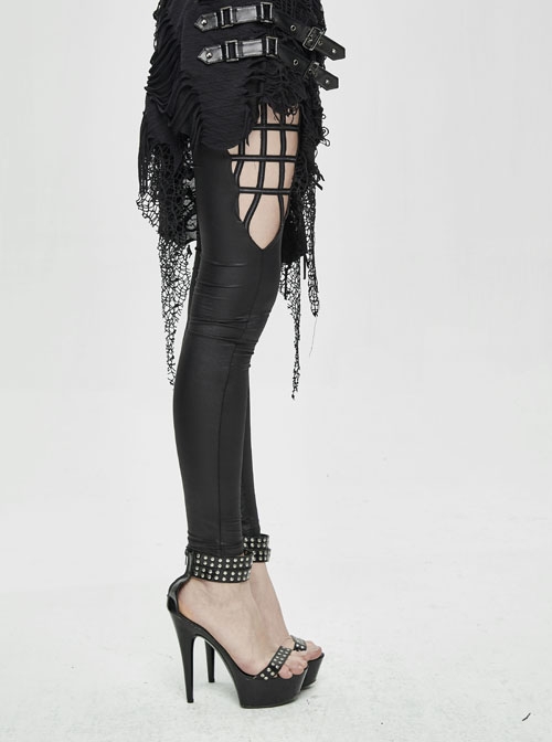 Fake Two Pieces Ripped Lace Skirts Leather Hasp Black Punk Leggings Pants